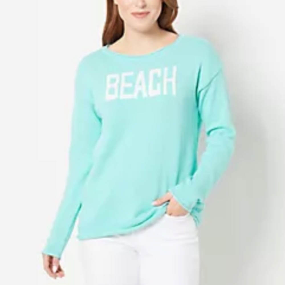 Belle by Kim Gravel Aqua 'BEACH' Scoop Neck Sweater